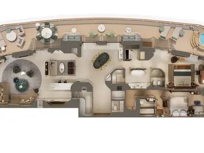 Detaillierte 3D-Grundrissansicht der luxuriösen Owner's Residence mit großem Balkon an Bord der Explora III.