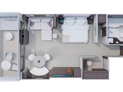 Detaillierter 3D-Grundriss einer luxuriösen Deluxe Penthouse Suite mit großem Balkon an Bord der Explora III.