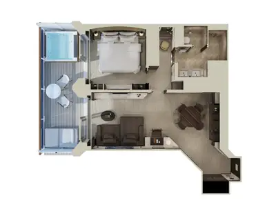 Detaillierte 3D-Grundrissansicht einer Suite an Bord der Explora III mit Schlafzimmer, Wohn- und Essbereich sowie Balkon mit Whirlpool.