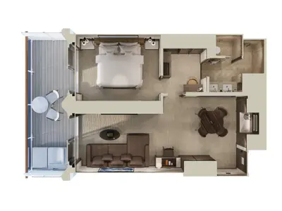 3D-Grundriss in Vogelperspektive einer eleganten Suite mit Balkon, Schlaf- und Wohnbereich an Bord der Explora III.