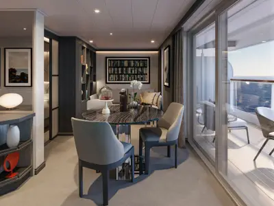 Elegante Suite an Bord der Explora III mit rundem Esstisch, gemütlichem Wohnbereich und Balkon mit Meerblick.