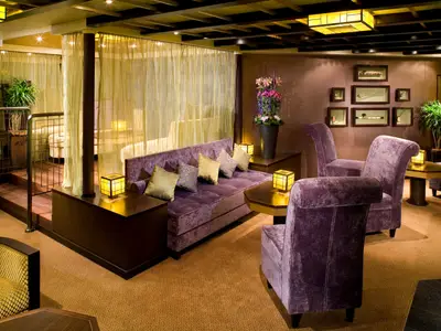Die asiatisch angehauchte Silk Den Lounge an Bord der Eurodam mit lilafarbenen Samtsesseln und warmem Licht.