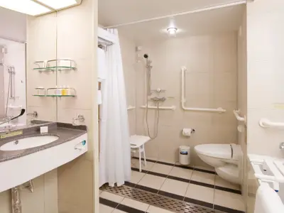 Ein geräumiges, barrierefreies Badezimmer an Bord der Eurodam mit Dusche, Haltegriffen, Duschhocker und WC.