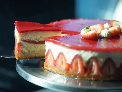 Eine köstliche Erdbeertorte mit einer abgehobenen Kuchenscheibe auf einem silbernen Tortenständer an Bord der Eurodam.
