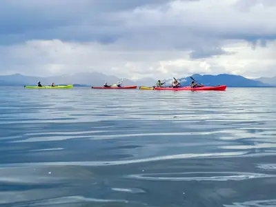 Gäste fahren bei einem Ausflug an Bord der Koningsdam mit Kajaks auf dem ruhigen Wasser vor einer Bergkette in Alaska.