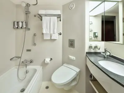 Ein helles und modernes Badezimmer mit Badewanne, WC und Waschbecken in einer Kabine an Bord der Nieuw Amsterdam.
