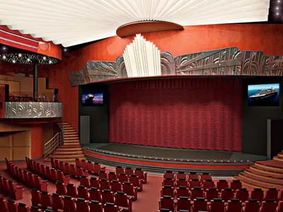 Rendering des eleganten Showroom-Theaters an Bord der Nieuw Amsterdam mit rotem Vorhang und Art-déco-Dekor.