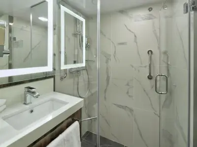 Ein elegantes Badezimmer an Bord der Rotterdam mit modernem Waschbecken, beleuchtetem Spiegel und Dusche.