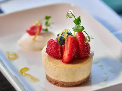 Ein kunstvoll angerichtetes Zitronen-Ricotta-Cheesecake-Dessert mit frischen Beeren im Restaurant an Bord der Rotterdam.