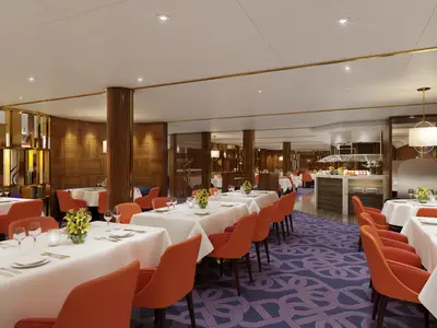 Das modern gestaltete Club Orange Restaurant an Bord der Rotterdam mit eleganten orangefarbenen Stühlen und weiß gedeckten Tischen.