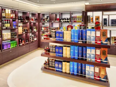 Gut sortierte Regale mit edlen Whiskey- und Spirituosenflaschen im Duty-Free-Shop an Bord der Rotterdam.
