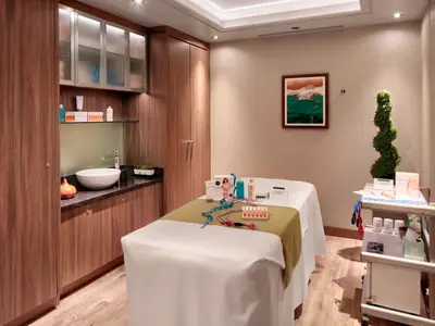 Ein moderner Wellness-Behandlungsraum an Bord der Rotterdam mit einer Massageliege, Pflegeprodukten und Holzschränken.
