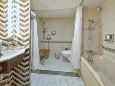 Barrierefreies Badezimmer an Bord der Zuiderdam mit ebenerdiger Dusche, Klappsitz, Haltegriffen und Badewanne.