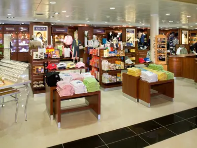Ein hell erleuchteter Souvenir- und Bekleidungsshop an Bord der Zuiderdam mit ordentlich präsentierter Ware.