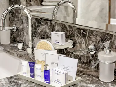 Nahaufnahme von luxuriösen Elemis-Pflegeprodukten wie Badesalz und Duschgel im Marmorbad einer Suite an Bord der Zuiderdam.