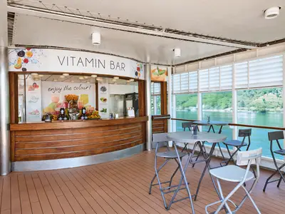 Ein weitläufiger Innenraum der Vitamin Bar an Bord der MSC Armonia mit hölzerner Theke, frischen Früchten und Saftpressen. Mehrere Tische und Stühle laden zum Verweilen ein. Große Fensterfronten bieten einen Panoramablick auf das blaue Meer und eine bewaldete Hügellandschaft. Der Boden ist holzfarben und der Raum hell beleuchtet.