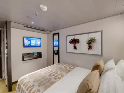 Blick in eine helle und moderne Innenkabine an Bord der MSC Bellissima. Ein bequemes Bett mit gemustertem Überwurf, ein Flachbild-TV und zwei Wandbilder mit Pflanzenmotiven sind zu sehen. Die Kabine wirkt einladend und gut ausgestattet.