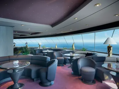 Blick in die luxuriöse Top Sail Lounge der MSC Divina mit bequemen Polstersesseln, runden Tischen und grossen Panoramafenstern mit weitem Meerblick.