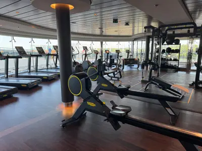 Moderner Fitnessraum an Bord der MSC Euribia mit Laufbändern, Rudergeräten und bodentiefen Fenstern.