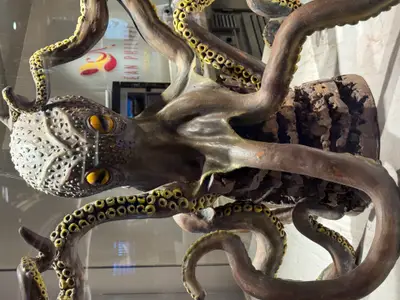 Eine nah aufgenommene, detailreiche Krake als kunstvolle Schokoladenskulptur an Bord der MSC Euribia.