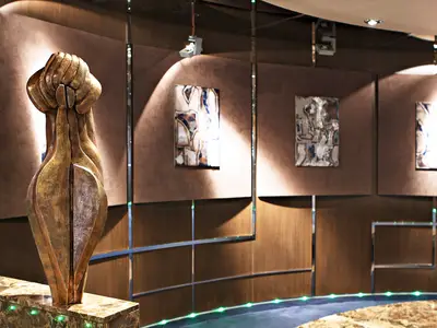 Eine grosse, goldene Skulptur und mehrere beleuchtete Kunstwerke an einer braunen Wand in der Kunstgalerie an Bord der MSC Fantasia.