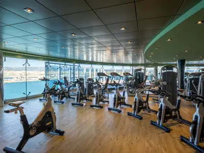 Moderner Fitnessbereich der MSC Fantasia mit Ergometern, Laufbändern und Kraftgeräten. Große Fenster bieten Meerblick auf eine Hafenstadt.