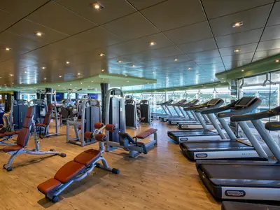 Ein modernes Fitnessstudio an Bord der MSC Fantasia mit Reihen von Laufbändern und Kraftgeräten. Große Fenster bieten einen Blick auf das Meer und die Küste.