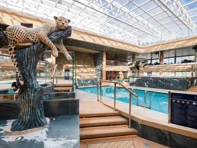 Der helle Safari Poolbereich an Bord der MSC Grandiosa. Eine grosse Geparden-Skulptur auf einem Baumstamm steht neben dem Innenpool mit hellblauem Wasser, umgeben von Holzdecks und Glasgeländern. Der weitläufige Bereich wird von einem Glasdach überspannt.