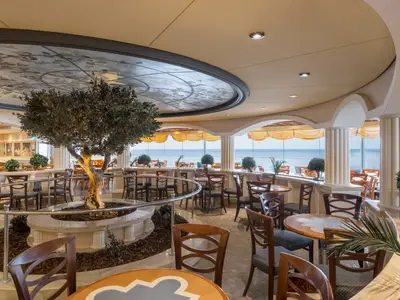 Das helle Buffetrestaurant Gli Archi an Bord der MSC Musica mit einem großen Olivenbaum im Zentrum, vielen Holztischen und Stühlen. Große Fenster bieten einen weiten Blick auf das offene Meer.
