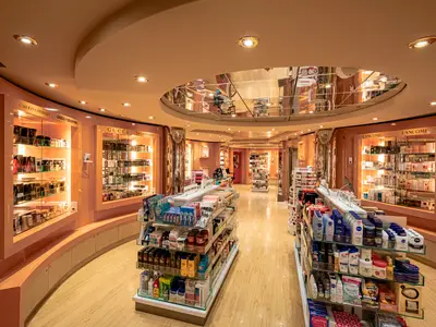 Der Cipria Parfümerie- und Kosmetik-Shop an Bord der MSC Orchestra. Beleuchtete Regale mit Markenprodukten, verspiegelte Decke, warmes Licht.