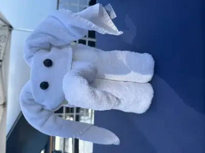 Ein aus weißen Handtüchern gefaltetes Handtuchtier in Form eines Elefanten auf einer blauen Liege an Bord der MSC Preziosa.