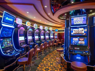 Ein farbenfrohes Casino an Bord der MSC Preziosa mit Reihen von modern beleuchteten Spielautomaten. Braune Hocker stehen vor den Maschinen auf einem gemusterten Teppich. Die Decke ist kunstvoll gestaltet mit indirekter Beleuchtung.