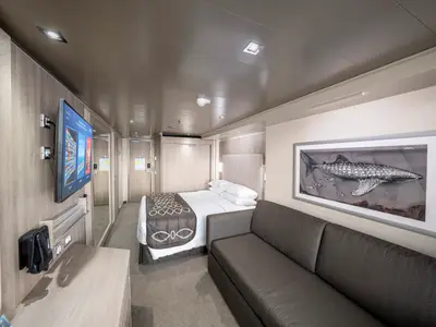 Helle Kabine an Bord der MSC Seashore. Mit Doppelbett, beigem Sofa, Flachbildfernseher und einem gerahmten Walhai-Kunstwerk an der Wand. Modernes Design mit Holzakzenten und Teppichboden.