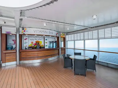 Die Vitamin Bar an Bord der MSC Sinfonia mit moderner Holztheke und frischen Saeften. Grosse Fenster bieten weiten Meerblick, dazu Tische und Korbstuehle.