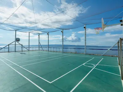 Sportplatz an Deck der MSC Sinfonia. Grüner Boden mit weißen Linien, zwei Basketballkörbe, ein Fußballtor. Hohe Fangnetze. Im Hintergrund: weites Meer, ferne Küste, blauer Himmel.