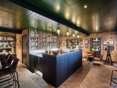 Die Bar The Gin Project an Bord der MSC World America. Eine Theke mit Gin-Flaschen, Gläsern und Botanicals. Rustikale Backsteinwände, Hängelampen und Ledersessel schaffen eine gemütliche Atmosphäre.