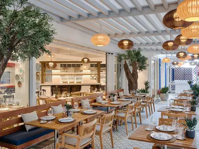 Das moderne Restaurant Paxos - Greek Taverna an Bord der MSC World America. Viele Holztische sind gedeckt, umgeben von Olivenbäumen und Rattanleuchten. Helle, mediterrane Einrichtung mit blauen Akzenten.