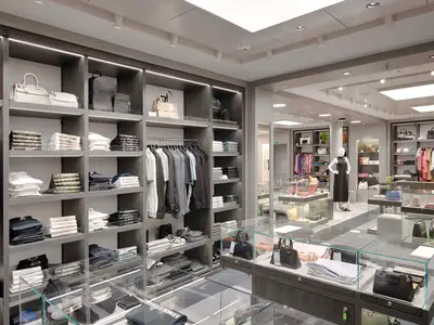 Moderner Boutique-Shop an Bord der MSC World America. Regale voller Kleidung, Handtaschen und Rucksäcke. Glasvitrinen mit Accessoires. Heller, eleganter Innenraum ohne Personen.