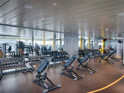 Modernes Fitnessstudio an Bord der MSC World America. Zahlreiche Hantelregale und verstellbare Trainingsbänke. Eine Spiegelwand reflektiert weitere Geräte und den Ausblick. Heller Raum.