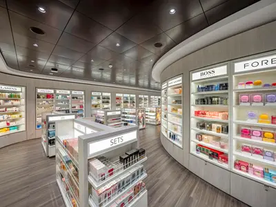 Blick in die helle und moderne Shopping-Galerie an Bord der MSC World Asia. Beleuchtete Regale präsentieren Kosmetika und Parfüms bekannter Marken, darunter Clarins, Shiseido, Boss und Foreo.