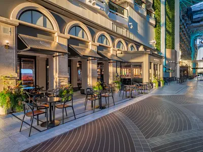 Eine Reihe von Cafés und Restaurants mit Außensitzplätzen auf der belebten World Promenade an Bord der MSC World Europa. Die Sonne strahlt auf die Fassaden und Tische, die von Pflanzen gesäumt sind. Im Hintergrund moderne Glasarchitektur.