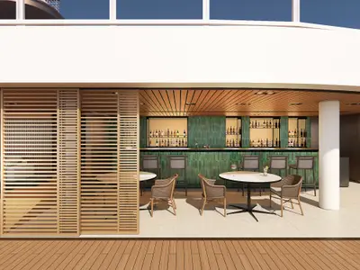 Rendering der The Haven Outdoor Bar an Bord der Norwegian Aqua. Grüne geflieste Theke mit Barhockern und Flaschenregalen. Moderne Tische mit Rattan-Sesseln auf hellem Boden. Links eine Holzlamellenwand und eine Holzdecke.