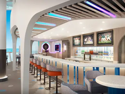 Rendering der modernen Bull's Eye Bar an Bord der Norwegian Aqua. Lange Theke mit Hockern, Sportbildschirmen, Dartscheibe und Meerblick.