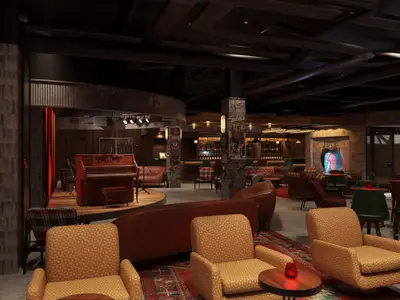 Eine gerenderte Ansicht der gemütlichen Bar-Lounge 'Syd Norman's' an Bord der Norwegian Aqua, komplett mit Bühne, Klavier, Bar und verschiedenen Sitzbereichen.