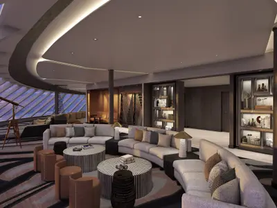 Gerenderte Ansicht der grosszügigen Observation Lounge an Bord der Norwegian Aqua. Mehrere runde Sofas, Couchtische und ein Teleskop am Fenster.