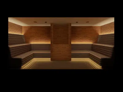 Ein computergeneriertes Bild der Spa Clay Sauna an Bord der Norwegian Aqua. Der Raum ist mit warmen Ziegelwaenden und mehrstufigen Holzbänken ausgestattet, beleuchtet von indirektem Licht. Die Atmosphäre ist ruhig und einladend.