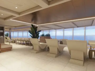 Rendering der Spa-Lounge an Bord der Norwegian Aqua. Helle Liegen mit Meerblick durch große Fenster laden zum Entspannen ein. Moderne Einrichtung mit Holzelementen, Pflanzen und Handtüchern für Wellness.