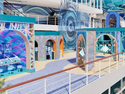 Rendering des lebhaften Freizeitdecks Ocean Heights Midway der Norwegian Aura. Bunte Spielstationen, kunstvolle Bögen und eine große blaue Wasserrutsche prägen die Szene.