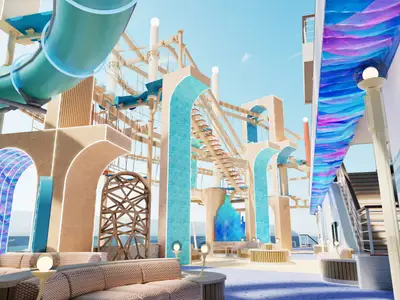 Futuristischer Außenbereich der Norwegian Aura mit Wasserrutschen, Hochseilgarten, farbigen Lichtinstallationen und modernen Sitzgelegenheiten an Deck bei Tageslicht.