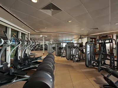 Ein geräumiges Fitnesscenter an Bord der Norwegian Dawn, ausgestattet mit modernen Cardio- und Kraftgeräten. Große Fenster sorgen für Tageslicht. Der Raum ist menschenleer.